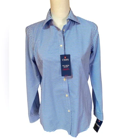 CHAPS no iron button down shirt, petite medium, slimming fit, striped (NWT) - Picture 1 of 15
